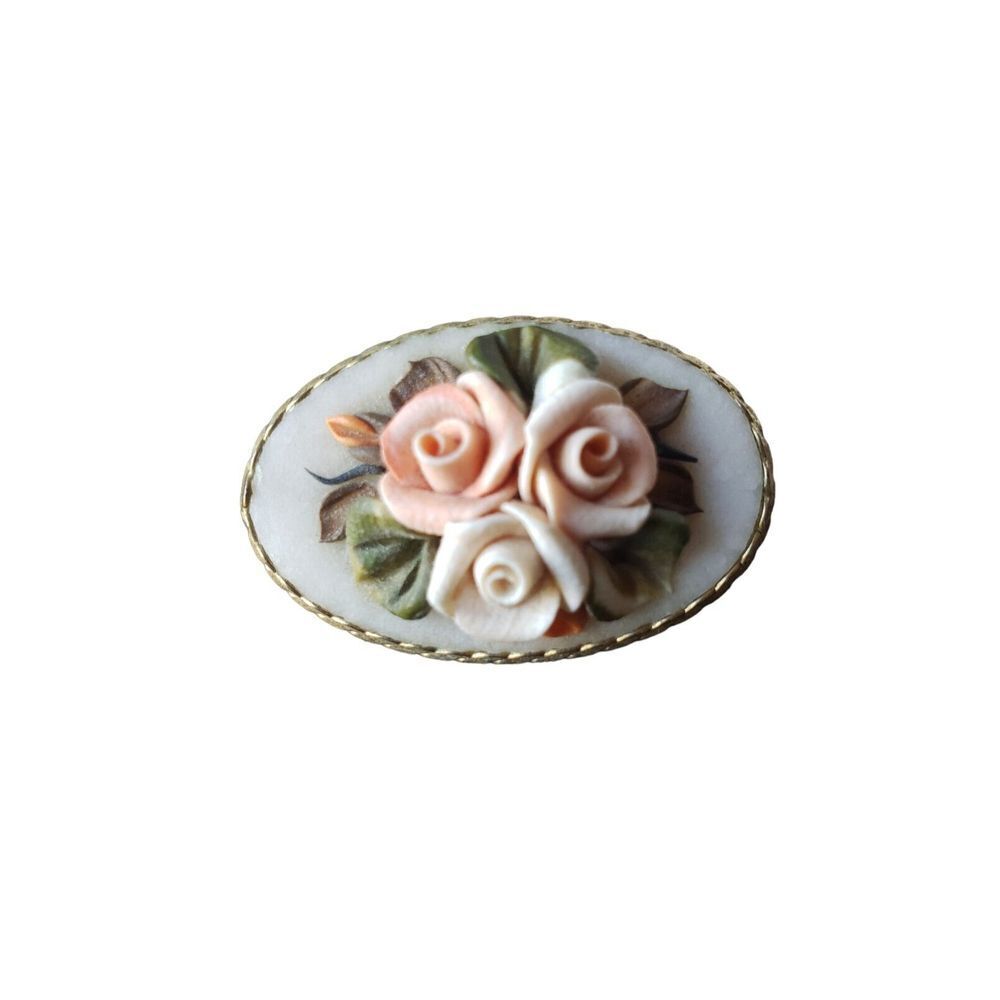Vintage White Oval‎ Pin Brooch With Raised Pink Roses Estate Statement Elegant
